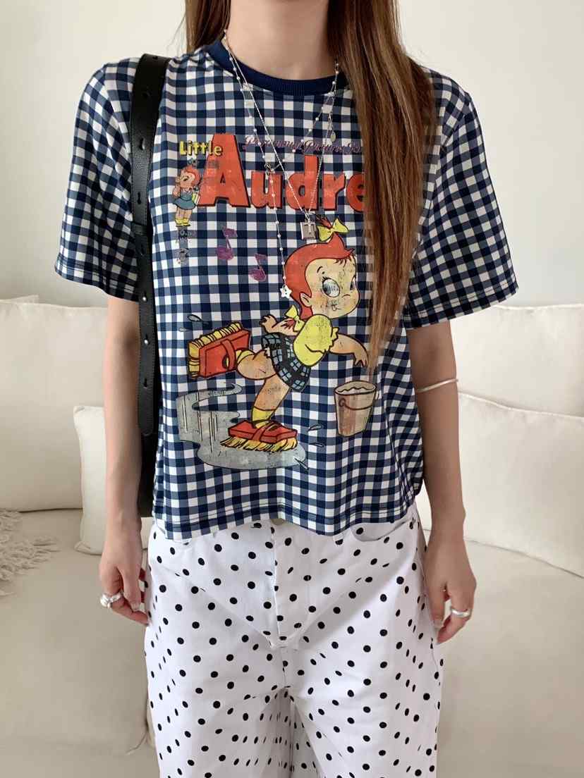 MAISONDEGLORY韓國代購女士新品熱賣時尚休閑T恤格子撞色MAISON DE GLORYT恤