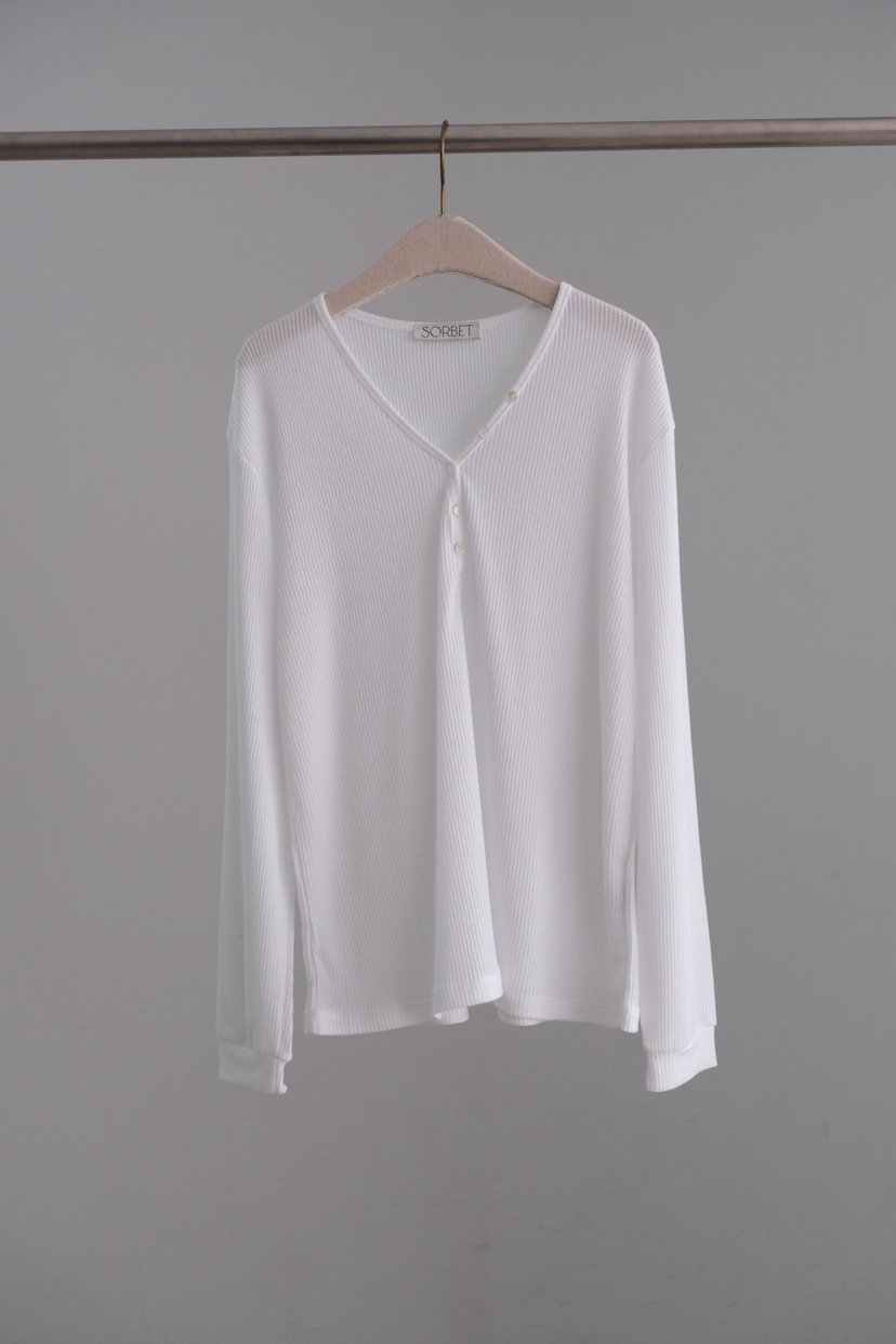 SORBET/FLAT WHITE韓國代購女裝新品26夏季長袖T恤華夫格格紋SORBET/FLAT WHITE長袖T恤