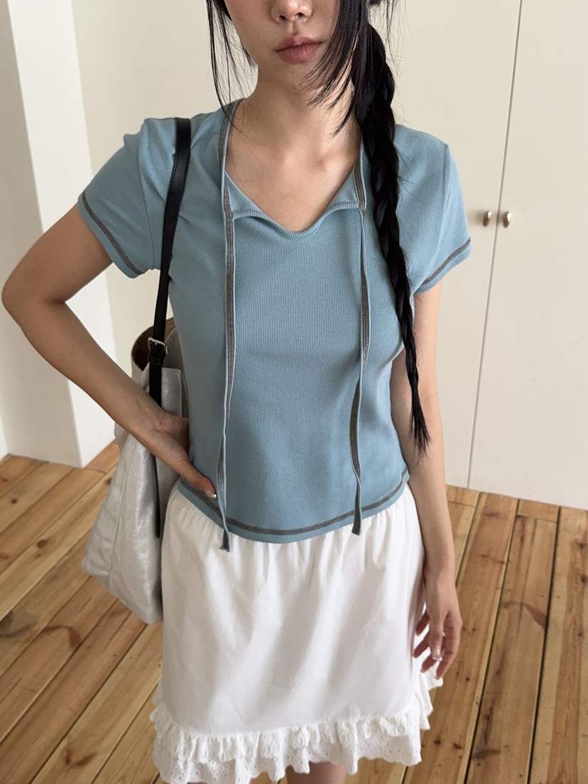 SUNDER MARKET韓國直郵女裝新款熱賣人氣推薦休閑T恤絲帶SUNDER MARKETT恤
