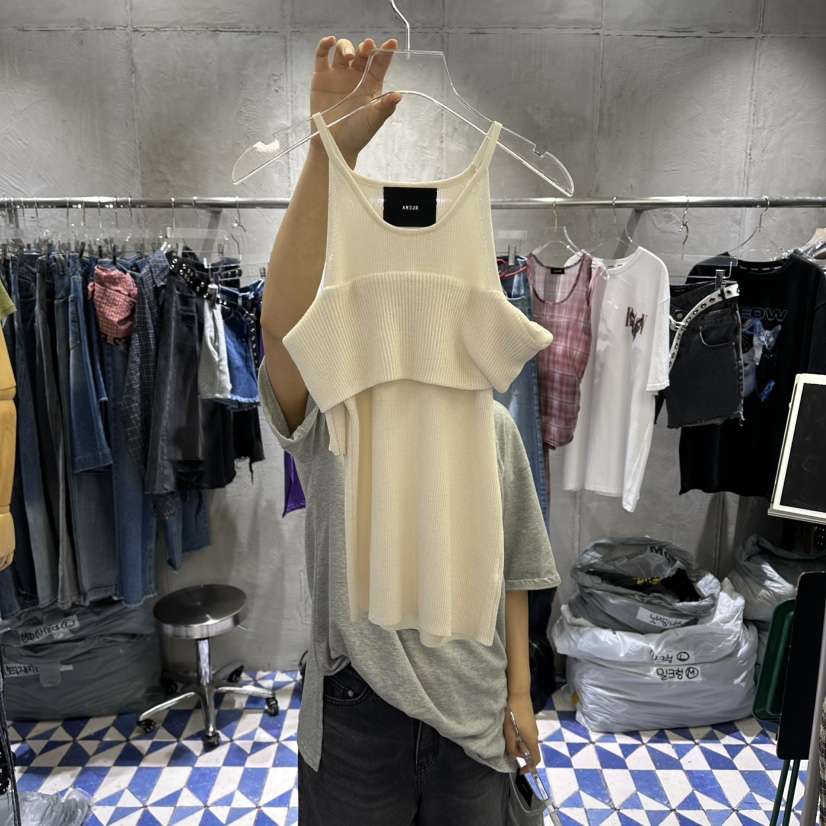 AMOUR韓國代購女士新款推薦時尚休閑吊帶背心短袖針織衫中號AMOUR吊帶/背心