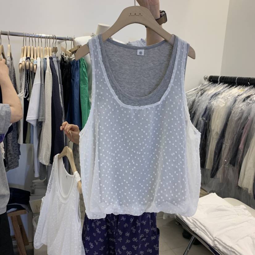 TAN&amp;COMO韓國直郵女士新款26夏季吊帶背心假兩件層疊無袖燈籠tan-COMO吊帶/背心
