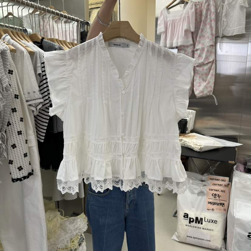 CORNER韓國東大門直郵女裝新品26夏季人氣襯衫蕾絲衫褶裥CORNER.302襯衫/蕾絲衫