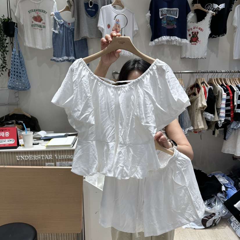 UNDERSTAR_VINTAGE韓國直郵女士新品真品休閑套裝泡泡袖亞麻UNDERSTAR_VINTAGE套裝