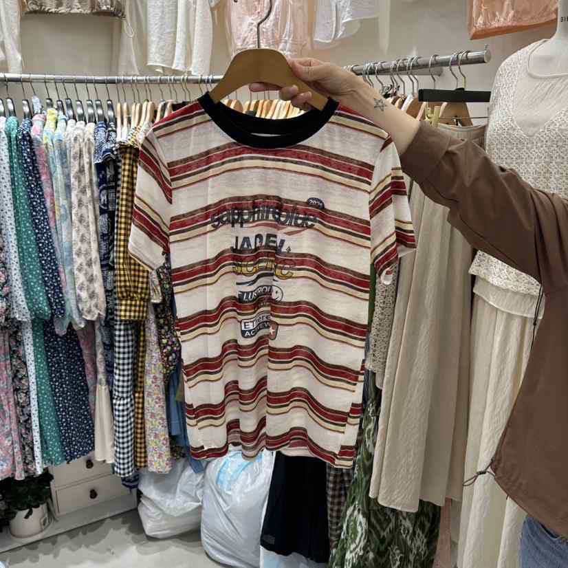 BIKINI東大門代購女裝新品熱賣職業休閑真品26春夏T恤亞麻條紋BIKINIT恤