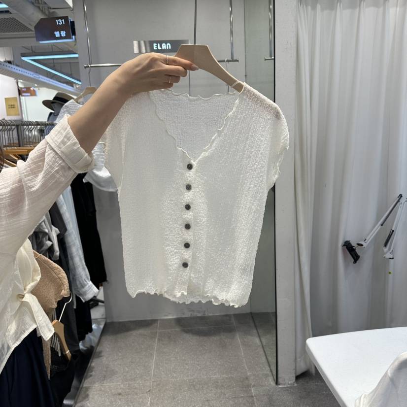 ELAN東大門直郵女裝新品休閑時尚針織衫褶皺開衫無袖紐扣ELAN針織衫