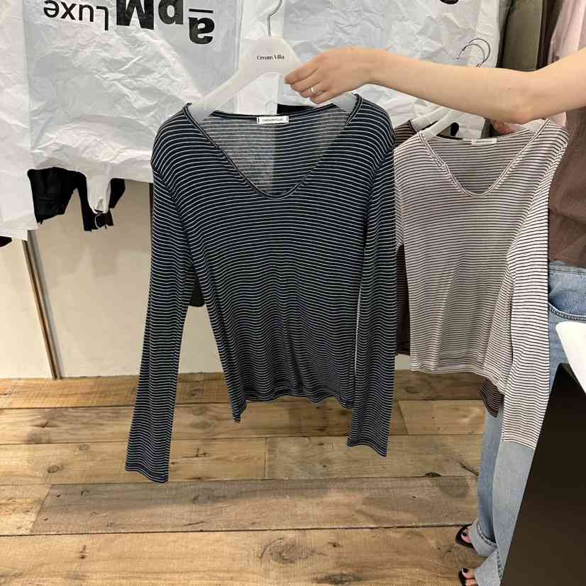 CREAM VILLA東大門代購女裝新品26夏季長袖T恤條紋CREAM VILLA長袖T恤