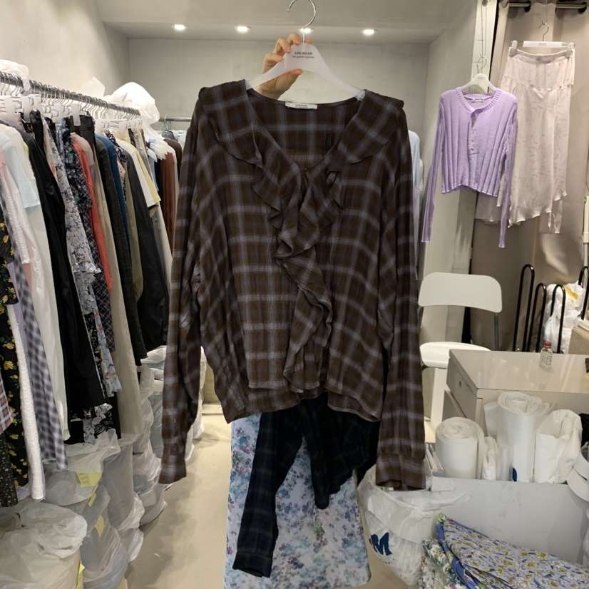 LOGROAD韓國直郵女士新品真品時尚推薦26夏季襯衫蕾絲衫格子LOG ROAD襯衫/蕾絲衫