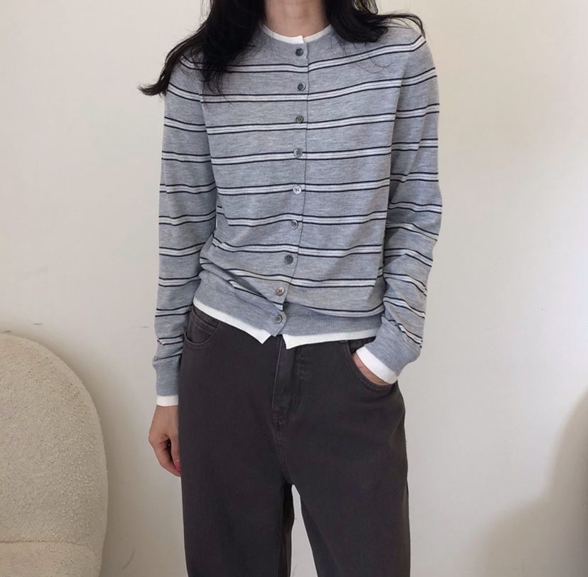 GLAD SOME東大門直郵26秋冬新款休閑針織衫假兩件撞色開衫條紋GLAD SOME針織衫