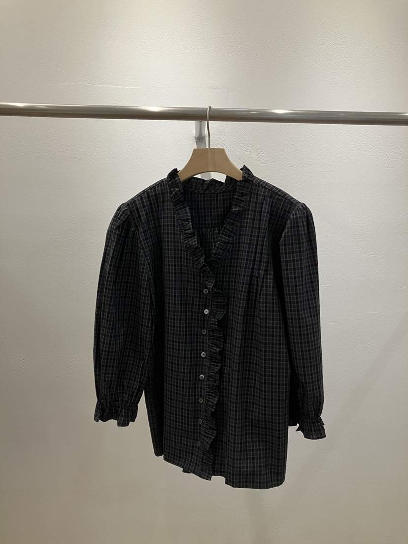 FL LANEL韓國代購女裝新品推薦休閑襯衫蕾絲衫荷葉邊格紋FL LANEL襯衫/蕾絲衫