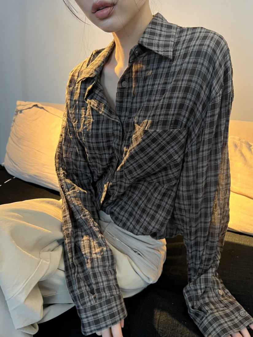 ME MO東大門直郵26秋季新款真品襯衫蕾絲衫不含內搭格子ME MO襯衫/蕾絲衫