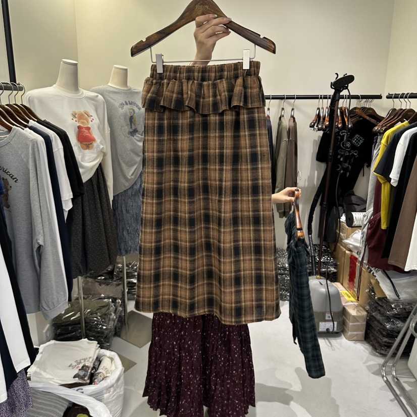 X東大門代購女裝新款真品人氣休閑熱賣時尚長裙荷葉邊格子Honey長裙