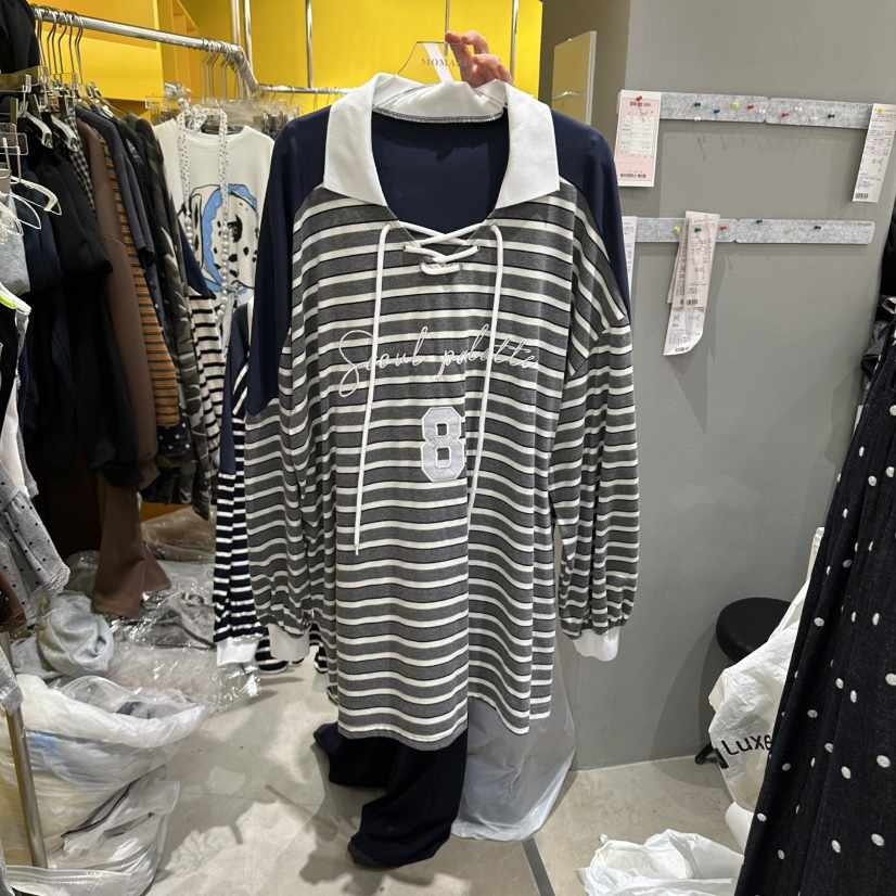 MOMAZU東大門代購女裝新款時尚真品休閑人氣長袖T恤刺繡條紋MOMAZU長袖T恤