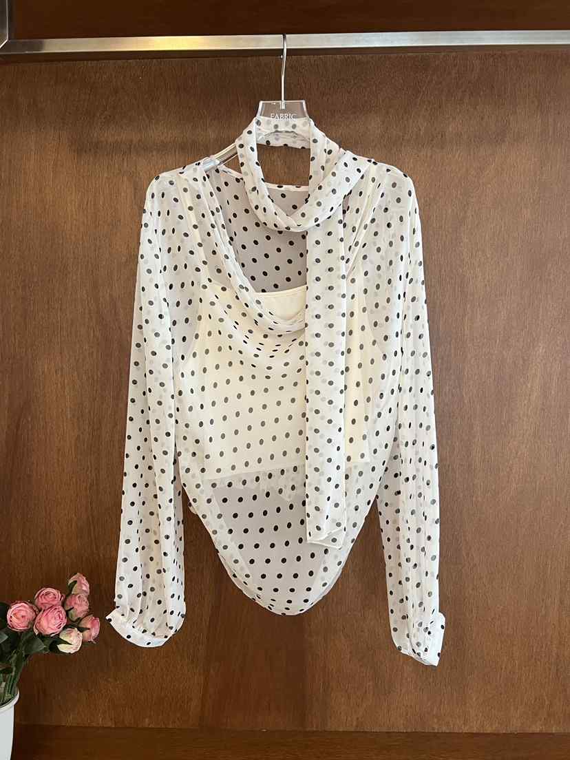 FABRIC韓國直郵女士新款時尚熱賣襯衫蕾絲衫含脖帶圍巾圓點FABRIC襯衫/蕾絲衫