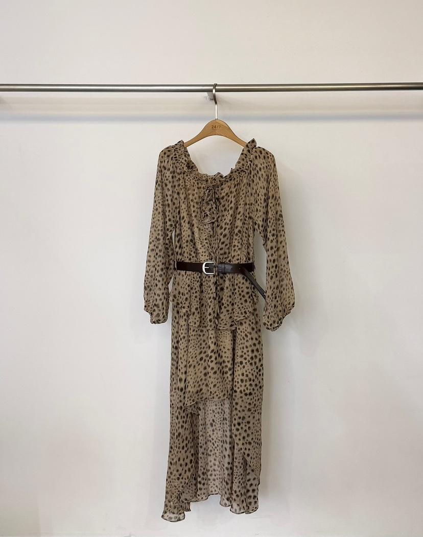 TWENTY FOUR SEVEN24-7韓國直郵女裝新品休閑連衣裙含腰帶豹紋褶邊TEWNTY FOUR SEVEN24-7連衣裙