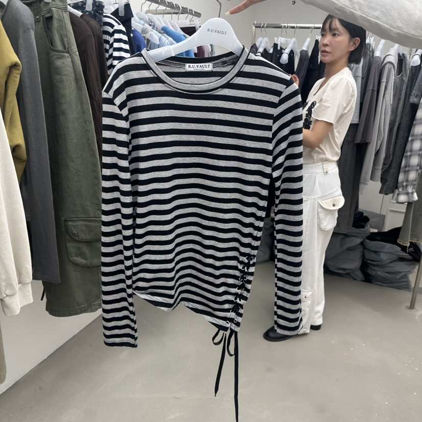 R U VAULT東大門實拍女士新款推薦休閑人氣長袖T恤條紋R U VAULT長袖T恤