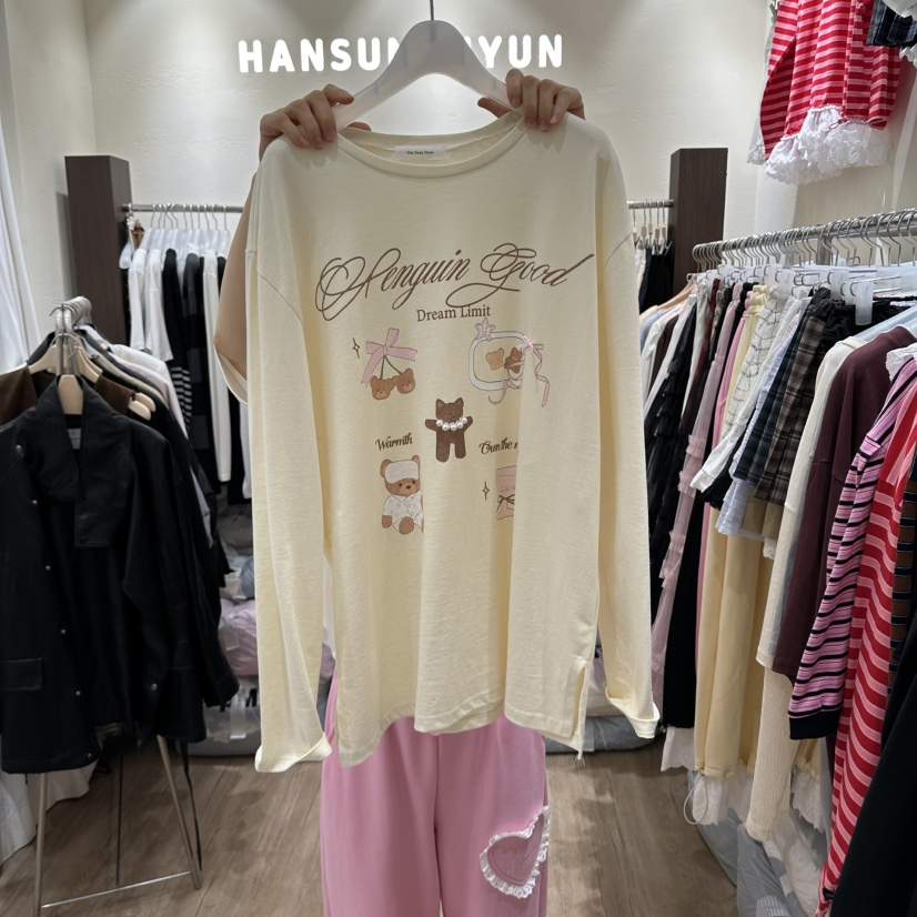 HANSUNGHYUN東大門實拍女士新款人氣長袖T恤泰迪熊珍珠棉HANSUNGHYUN長袖T恤