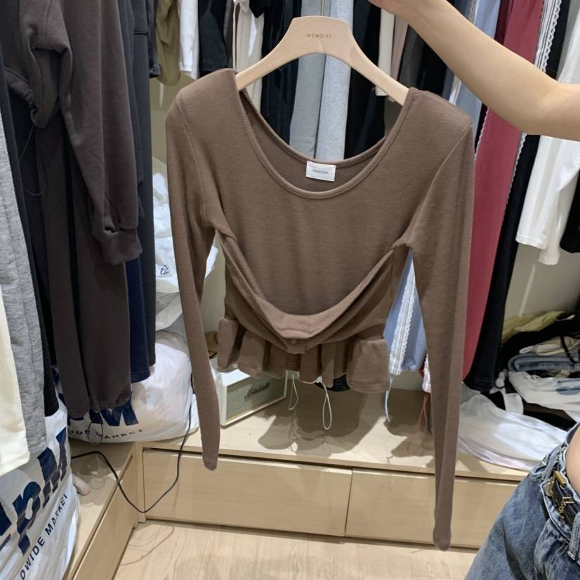 MONROE東大門實拍女士新品真品推薦熱賣長袖T恤荷葉邊紐扣MONROE長袖T恤