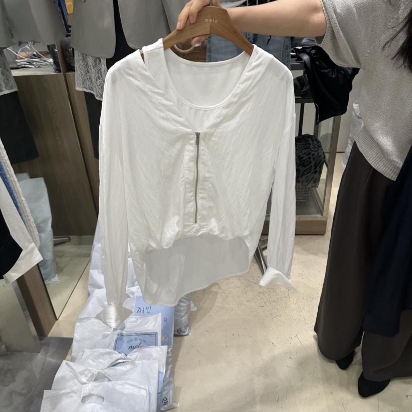 MELO韓國代購女裝新款真品人氣時尚襯衫蕾絲衫不對稱拉鏈MELO襯衫/蕾絲衫