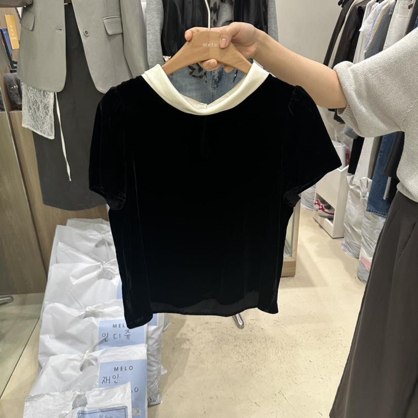 MELO韓國直郵女士新款推薦休閑時尚襯衫蕾絲衫天鵝絨撞色MELO襯衫/蕾絲衫
