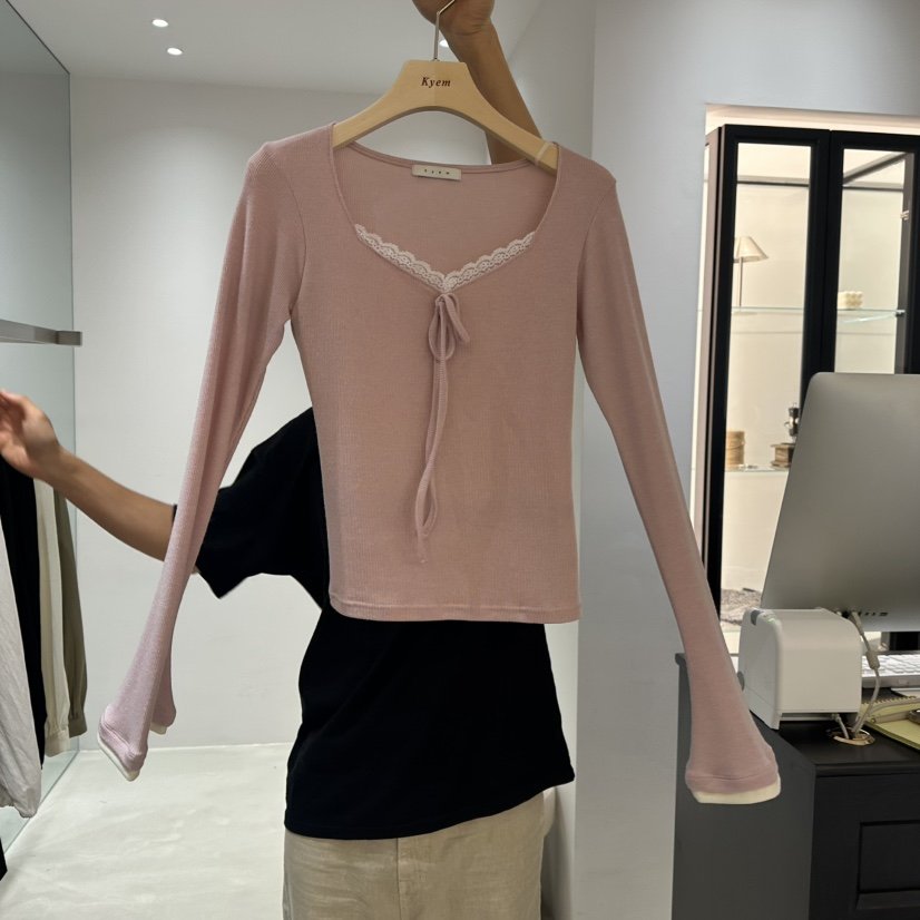 KYEM韓國代購女士新品真品推薦人氣休閑時尚長袖T恤撞色蕾絲KYEM長袖T恤