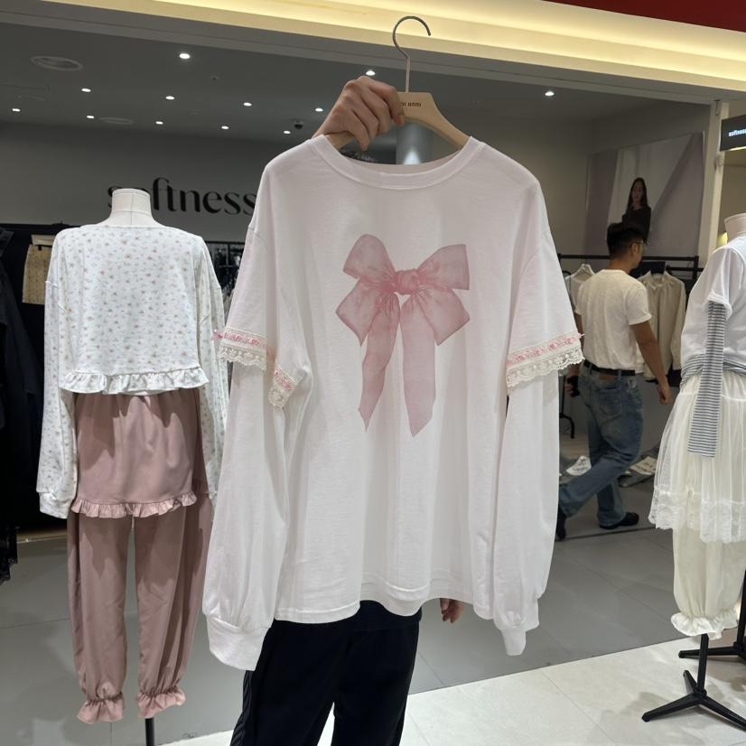 MINI UNNI韓國直郵女裝新款推薦熱賣時尚長袖T恤假兩件絲帶MINI UNNI長袖T恤
