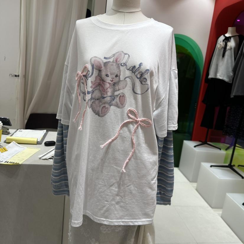 MINI UNNI韓國代購女裝新品休閑熱賣推薦長袖T恤假兩件絲帶MINI UNNI長袖T恤