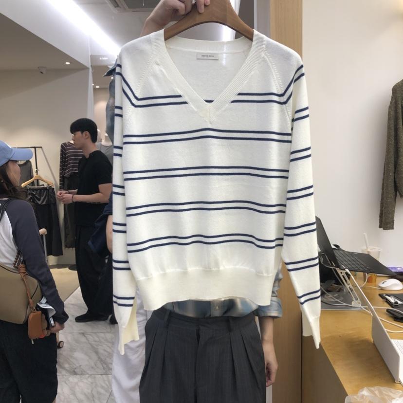 DRESS ROOM東大門直郵女裝新款真品人氣熱賣針織衫V領條紋DRESS ROOM針織衫