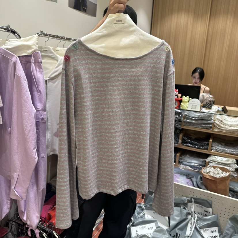 EEE東大門直郵女士新品熱賣時尚休閑真品長袖T恤條紋紐扣EEE長袖T恤