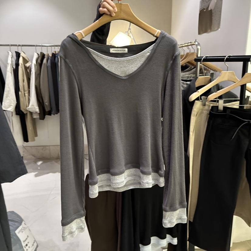 ANDMORE BUTTON東大門直郵女士新品熱賣長袖T恤假兩件連帽衫撞色ANDMORE BUTTON長袖T恤