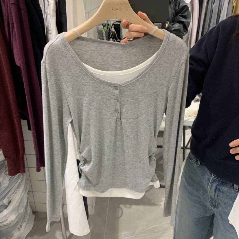 WELL ROW東大門直郵女士新品時尚長袖T恤假兩件撞色褶皺紐扣WELL ROW長袖T恤
