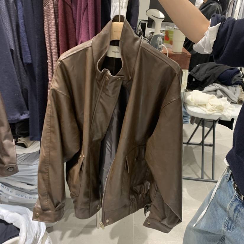 WELL ROW韓國直郵女裝新品時尚熱賣推薦真品皮衣高領短款WELL ROW皮衣