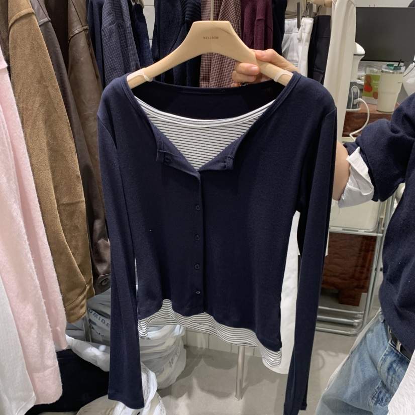 WELL ROW東大門實拍女士新品熱賣長袖T恤假兩件撞色開衫條紋WELL ROW長袖T恤