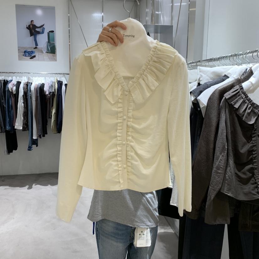 TEMPTING韓國代購女士新品真品休閑推薦時尚襯衫蕾絲衫褶邊TEMPTING襯衫/蕾絲衫