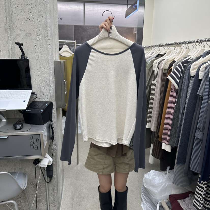 AMOEBA東大門實拍女裝新品熱賣人氣時尚長袖T恤插肩袖羅紋AMOEBA長袖T恤