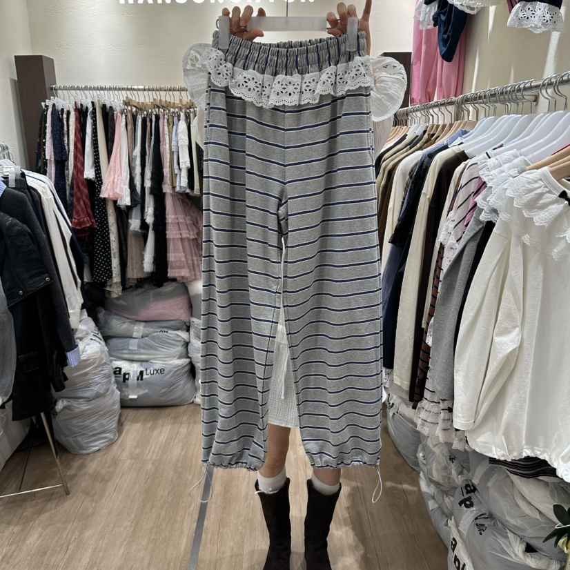 HANSUNGHYUN韓國代購女裝新品推薦時尚熱賣休閑褲蕾絲條紋HANSUNGHYUN休閑褲