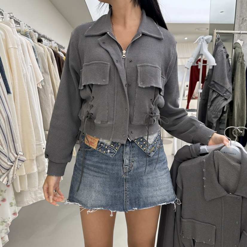 R U VAULT東大門實拍女裝新品推薦休閑人氣夾克華夫格拉鏈R U VAULT夾克