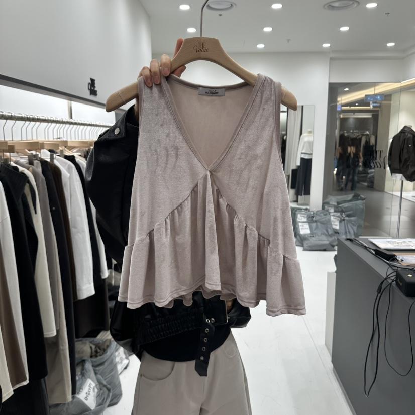 THE VALUE東大門代購女士新品時尚吊帶背心天鵝絨荷葉邊無袖THE VALUE吊帶/背心