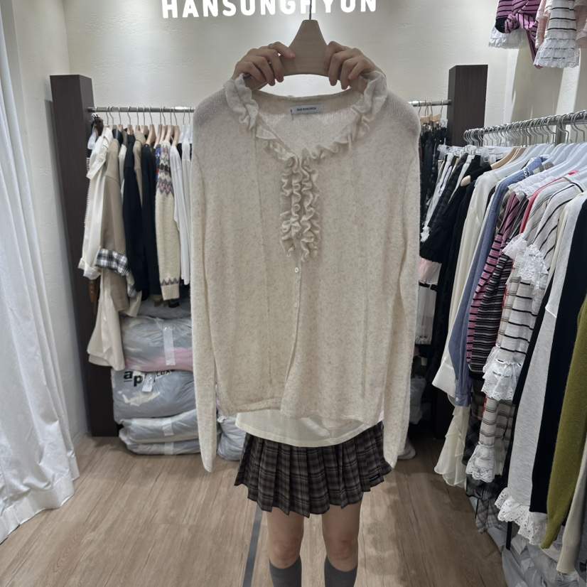 HANSUNGHYUN東大門直郵女裝新款時尚推薦開衫荷葉邊羊毛開衫HANSUNGHYUN開衫