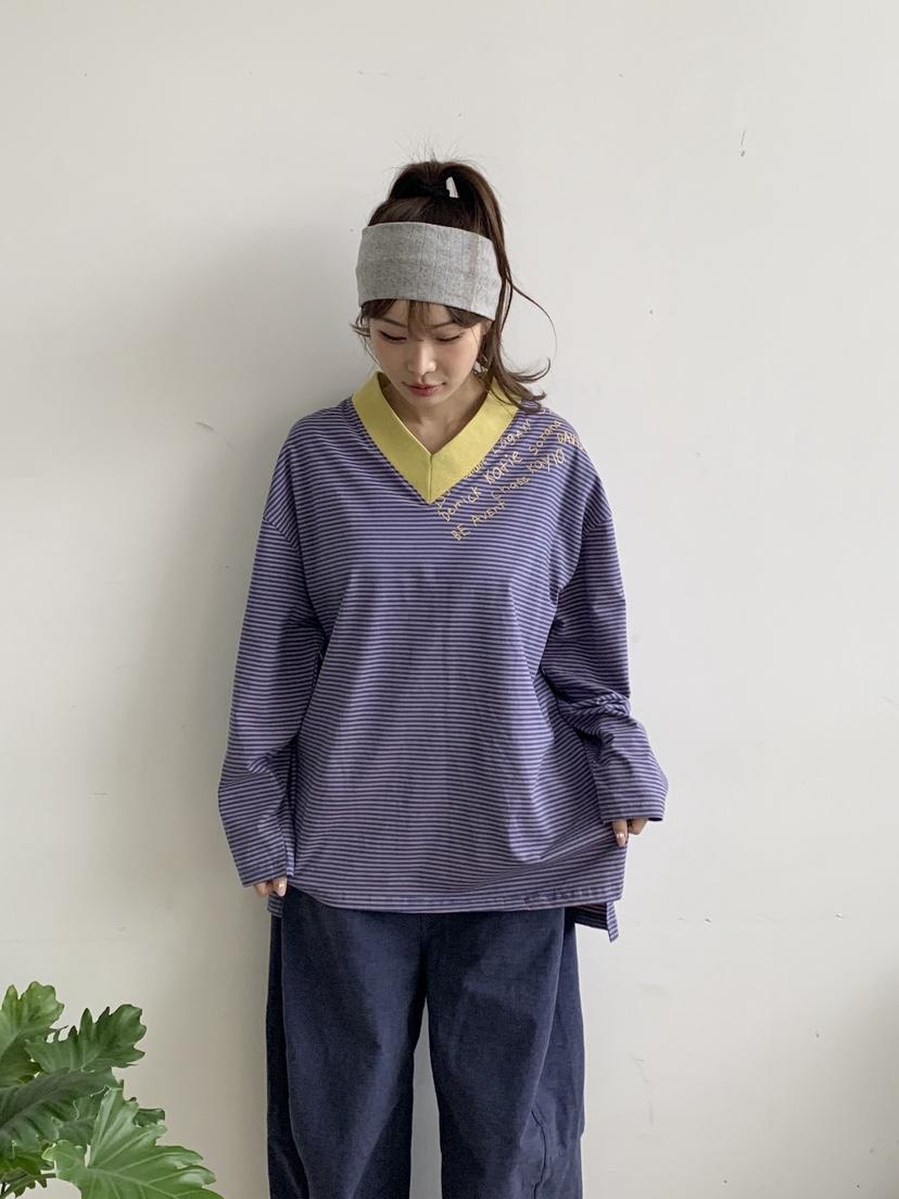 MAISONDEGLORY東大門代購女士新品人氣休閑長袖T恤V領條紋Maison de glory長袖T恤
