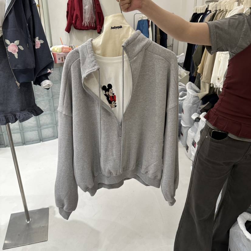 JUDYQUE東大門實拍女士新品時尚休閑衛衣半拉鏈假兩件米奇JUDYQUE衛衣