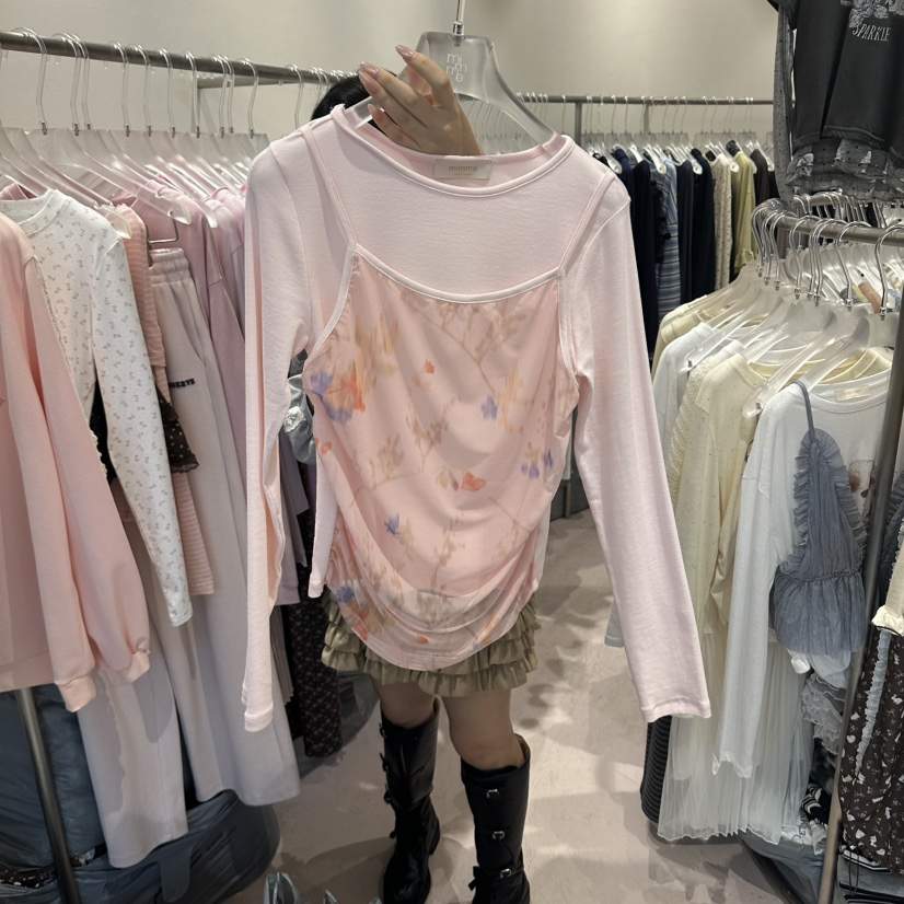 MIMME/LOOKK東大門實拍女裝新品休閑時尚長袖T恤假兩件網眼MIMME/LOOKK長袖T恤