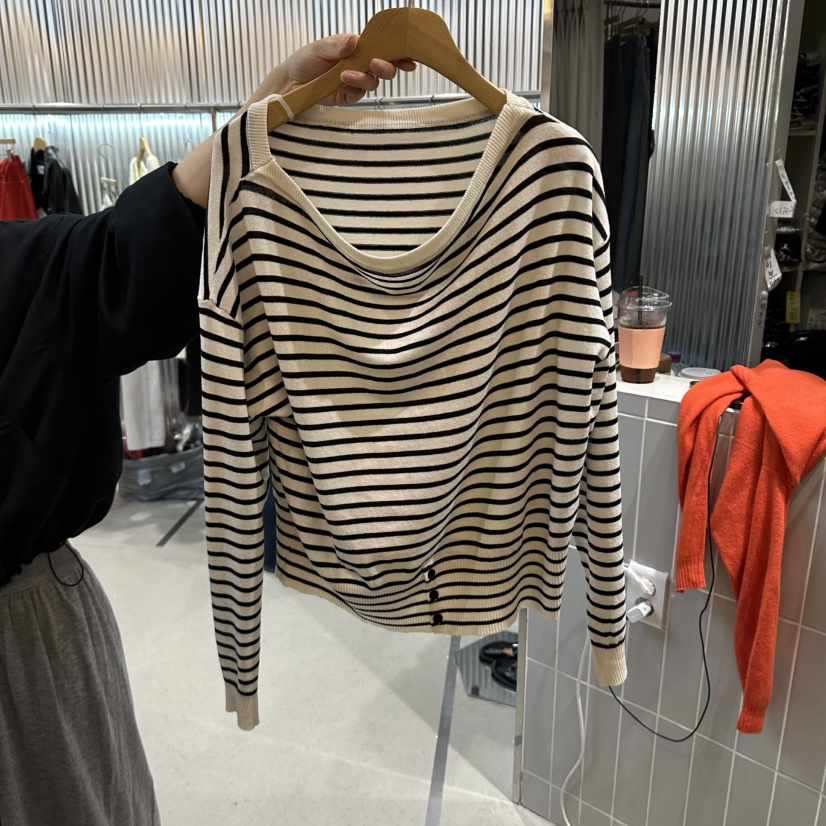 ALEGRE東大門實拍女士新品休閑真品人氣時尚針織衫船領條紋ALEGRE針織衫
