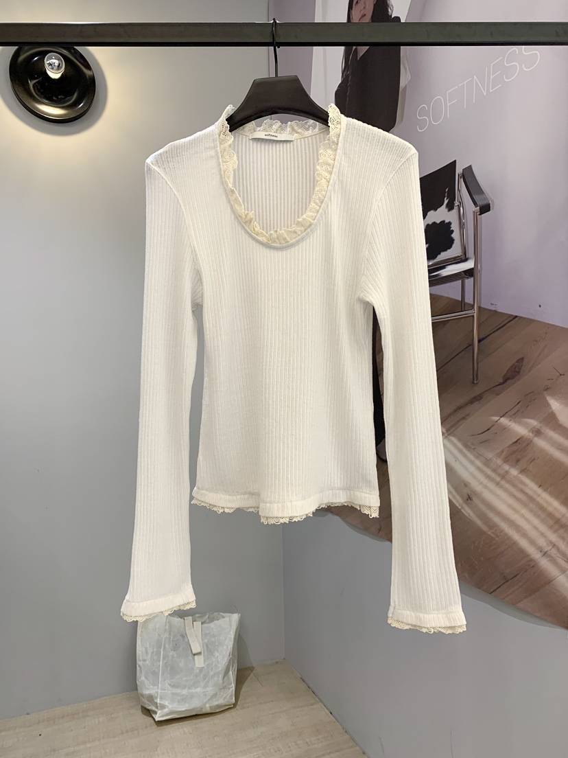 SOFTNESS韓國代購女裝新款推薦休閑真品時尚長袖T恤U領蕾絲Softness/Cosmic長袖T恤