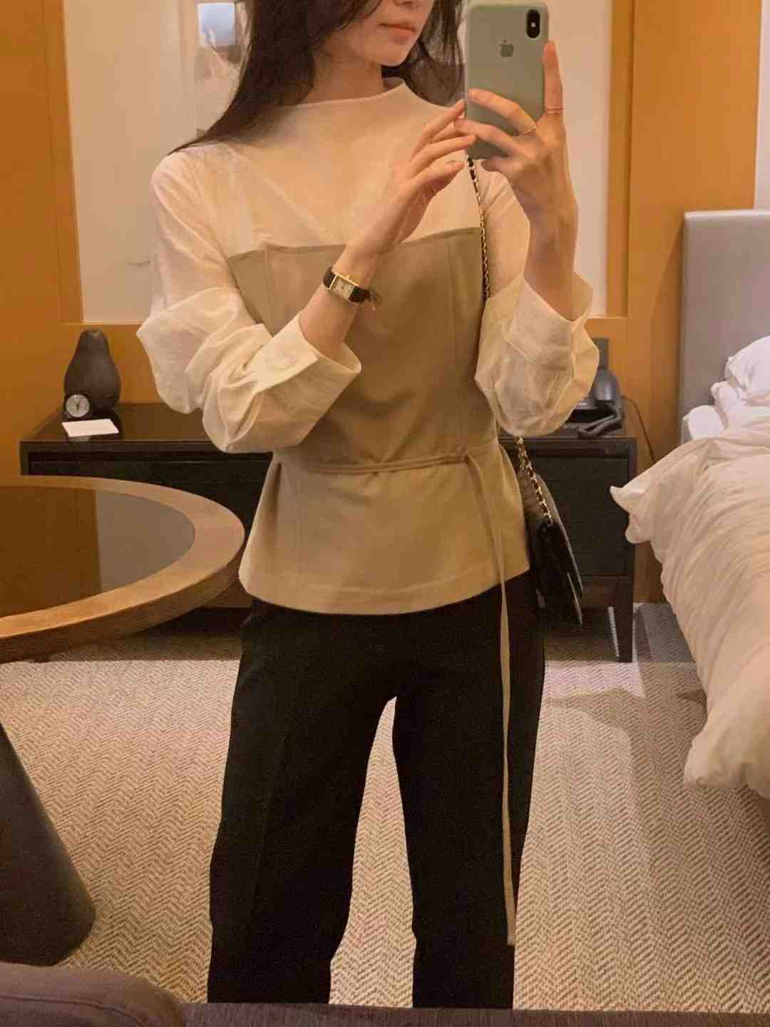 OSRO韓國直郵女裝新款時尚人氣休閑熱賣襯衫蕾絲衫含腰繩OSRO襯衫/蕾絲衫