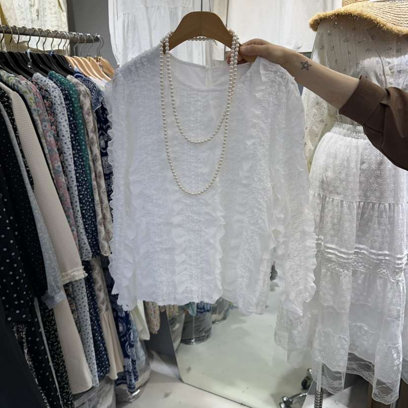 BIKINI東大門直郵女裝新款時尚休閑襯衫蕾絲衫不含飾品褶邊BIKINI襯衫/蕾絲衫