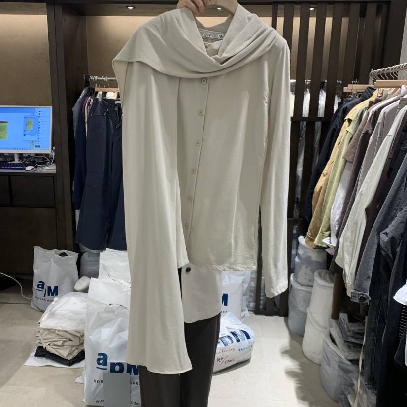 RAWROW東大門代購女士新款休閑時尚推薦人氣長袖T恤圍巾紐扣RAWROW長袖T恤