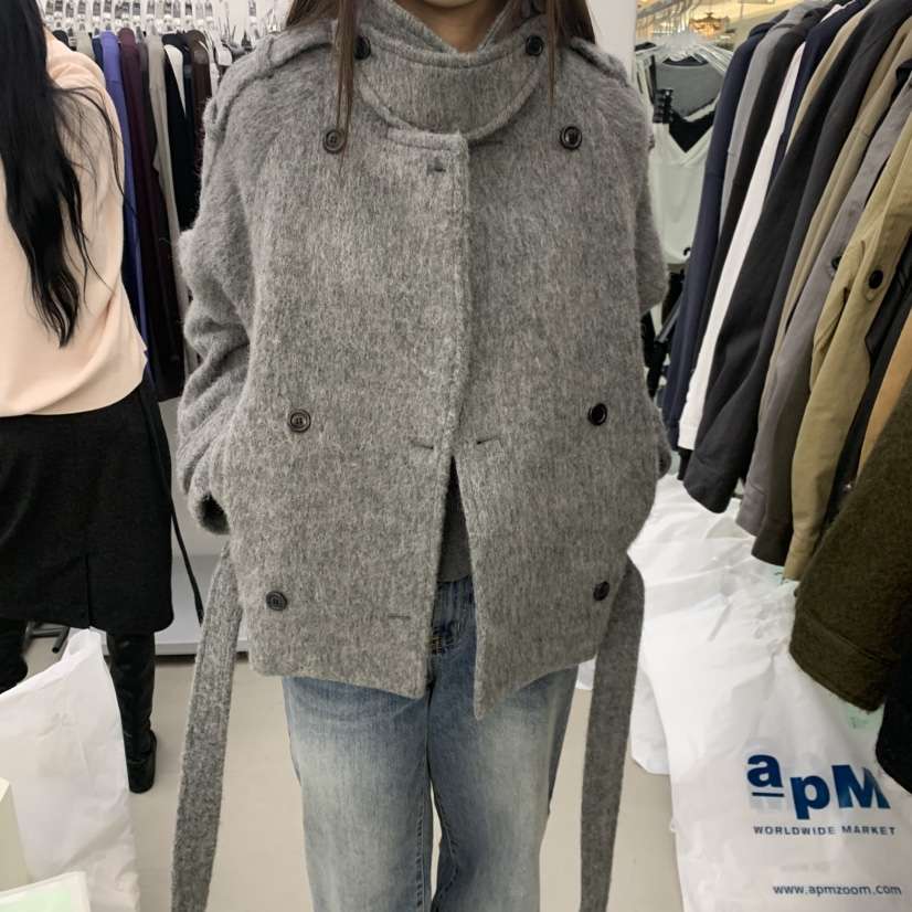 PADO韓國代購女裝新款時尚熱賣真品推薦人氣短款大衣含腰帶PADO短款大衣