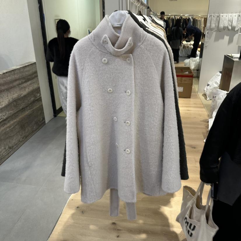 VERVEINE韓國代購女裝新款熱賣短款大衣毛圈布羊駝毛含腰帶手工VERVEINE短款大衣