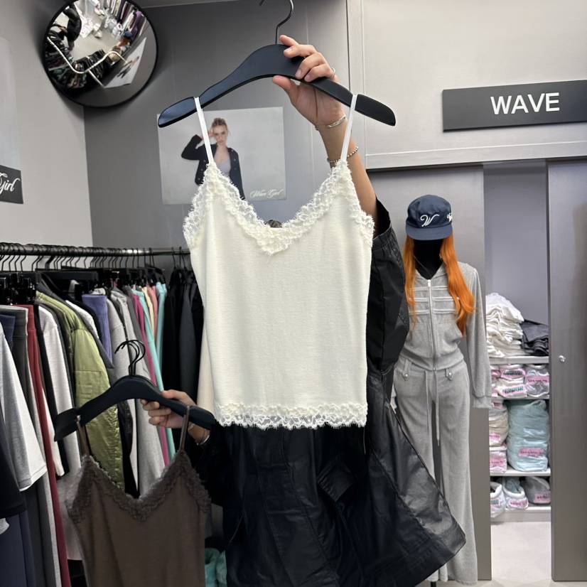 WAVE韓國代購女裝新款真品熱賣時尚吊帶背心安哥拉蕾絲無袖WAVE吊帶/背心