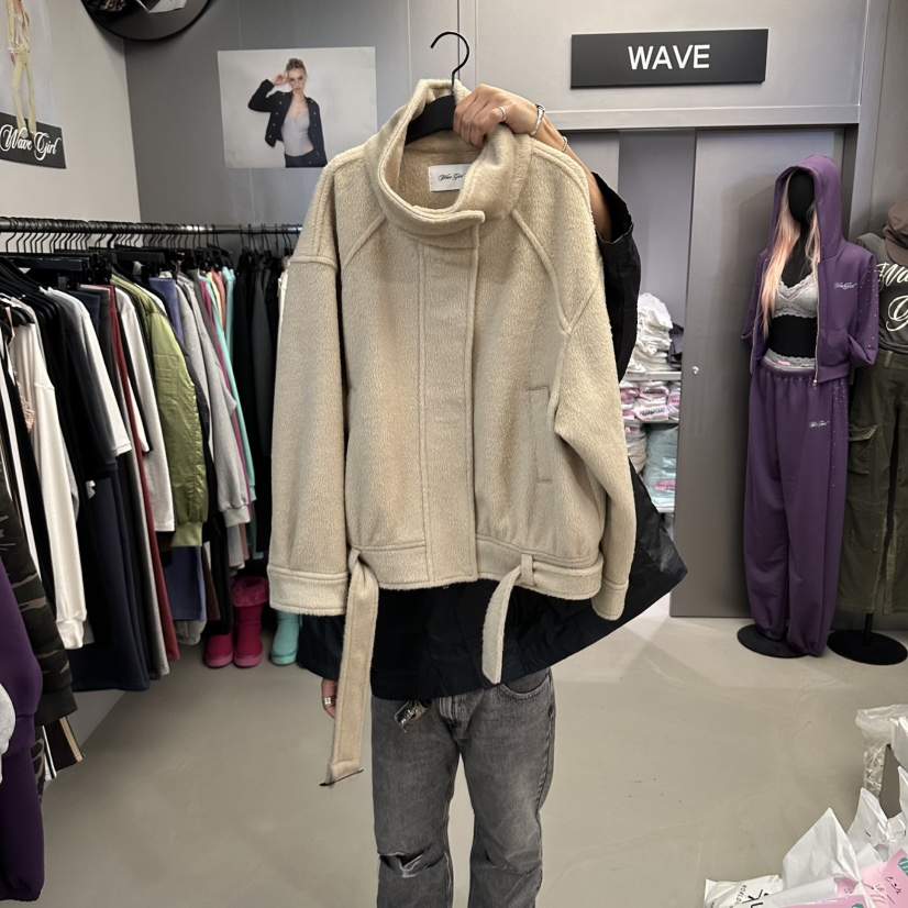 WAVE韓國代購女士新款真品休閑時尚人氣推薦短款大衣含腰帶WAVE短款大衣